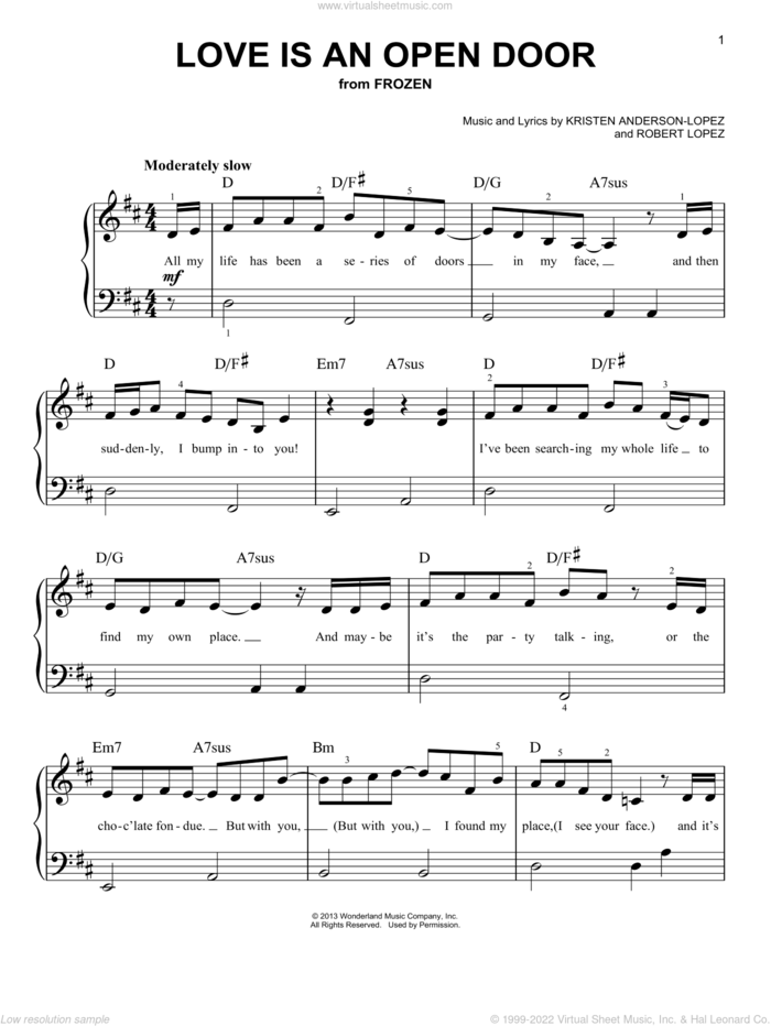 Love Is An Open Door (from Frozen) sheet music for piano solo by Kristen Bell & Santino Fontana, Kristen Anderson-Lopez and Robert Lopez, beginner skill level