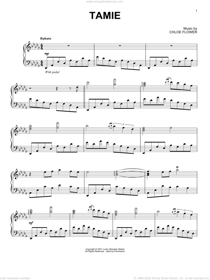 Tamie sheet music for piano solo by Chloe Flower, classical score, intermediate skill level