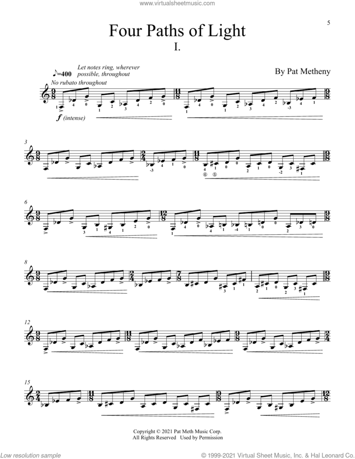 Four Paths Of Light sheet music for guitar solo by Pat Metheny, intermediate skill level