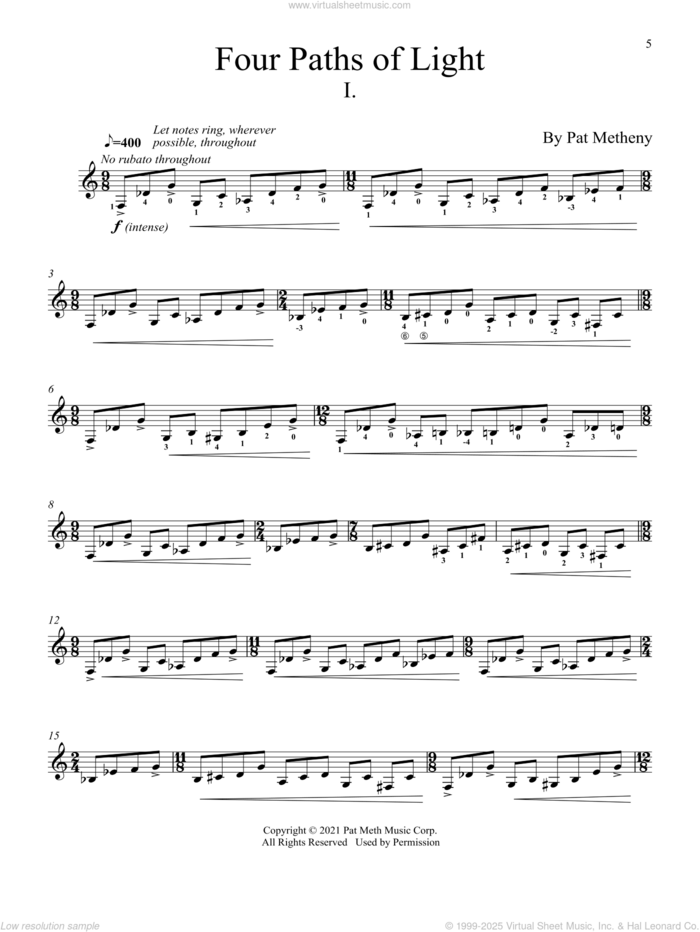 Four Paths Of Light sheet music for guitar solo by Pat Metheny, intermediate skill level