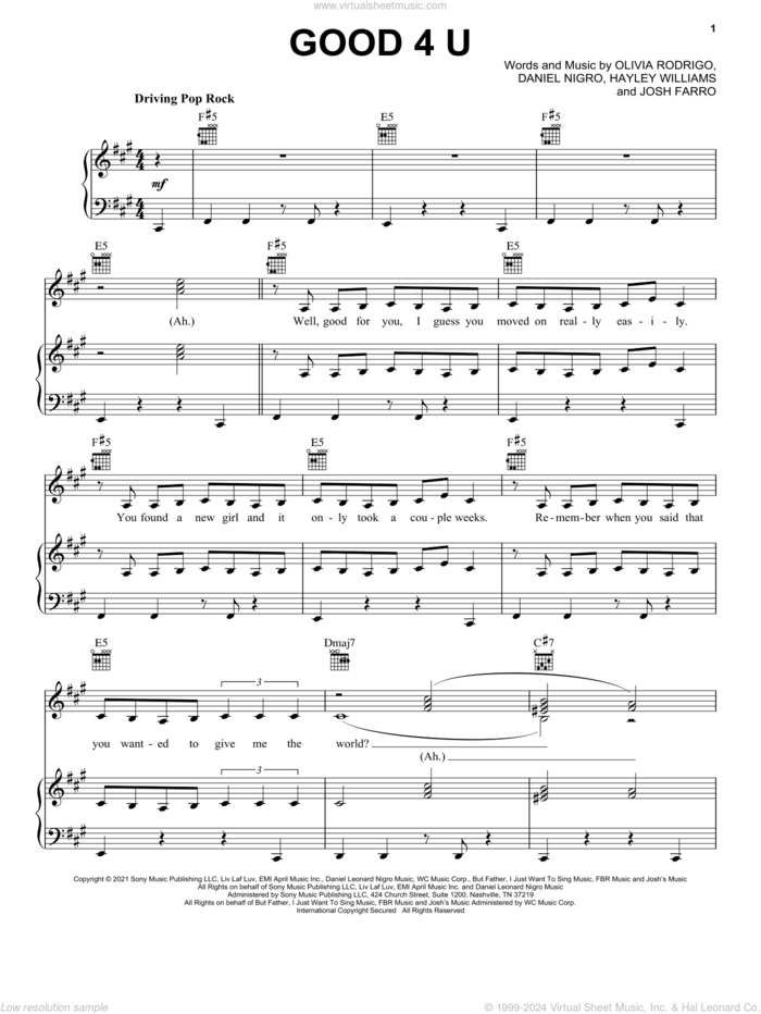 good 4 u sheet music for voice, piano or guitar by Olivia Rodrigo and Daniel Nigro, intermediate skill level