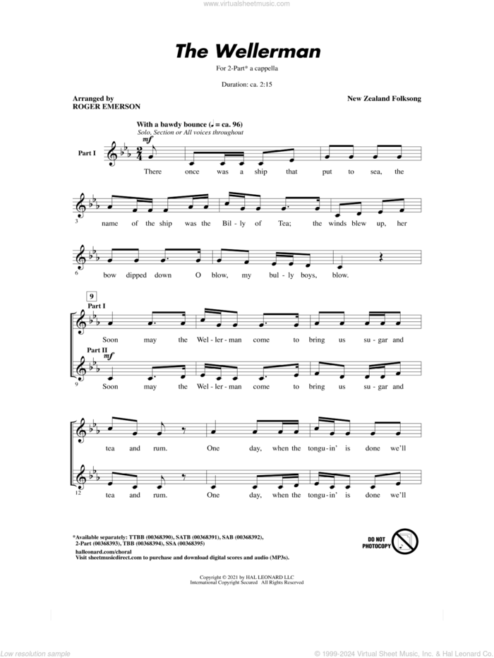 The Wellerman (arr. Roger Emerson) sheet music for choir (2-Part) by New Zealand Folksong and Roger Emerson, intermediate duet