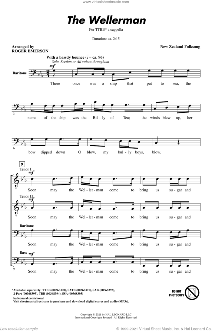 The Wellerman (arr. Roger Emerson) sheet music for choir (TTBB: tenor, bass) by New Zealand Folksong and Roger Emerson, intermediate skill level