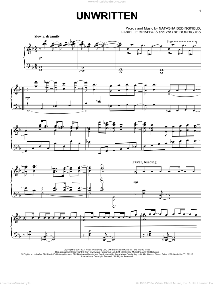 Unwritten [Classical version] sheet music for piano solo by Natasha Bedingfield, Danielle Brisebois and Wayne Rodrigues, intermediate skill level