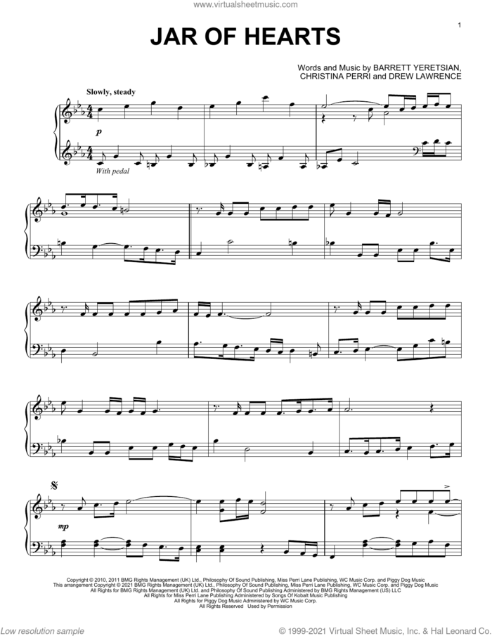 Jar Of Hearts [Classical version] sheet music for piano solo by Christina Perri, Barrett Yeretsian and Drew Lawrence, intermediate skill level