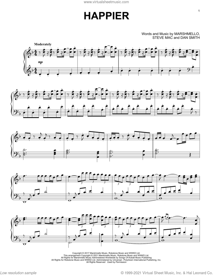 Happier [Classical version] sheet music for piano solo by Marshmello & Bastille, Dan Smith, Marshmello and Steve Mac, intermediate skill level