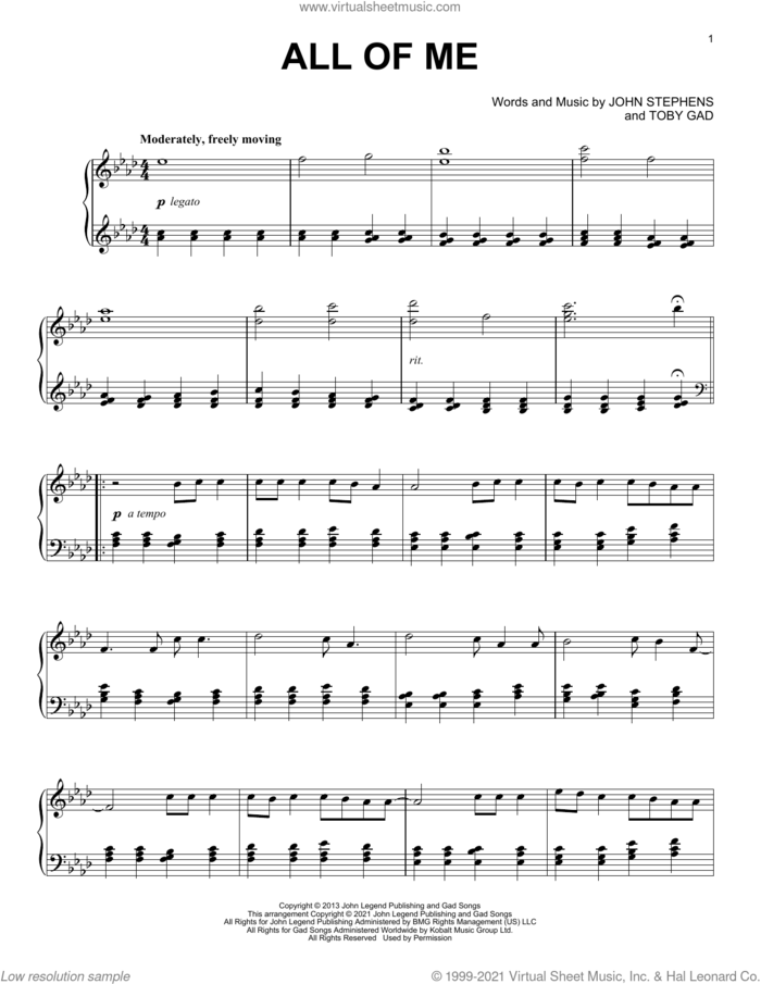 All Of Me [Classical version] sheet music for piano solo by John Legend, John Stephens and Toby Gad, intermediate skill level