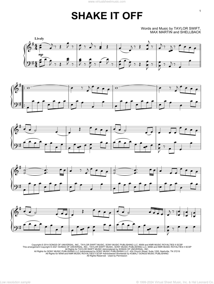 Shake It Off [Classical version] sheet music for piano solo by Taylor Swift, Johan Schuster, Max Martin and Shellback, intermediate skill level