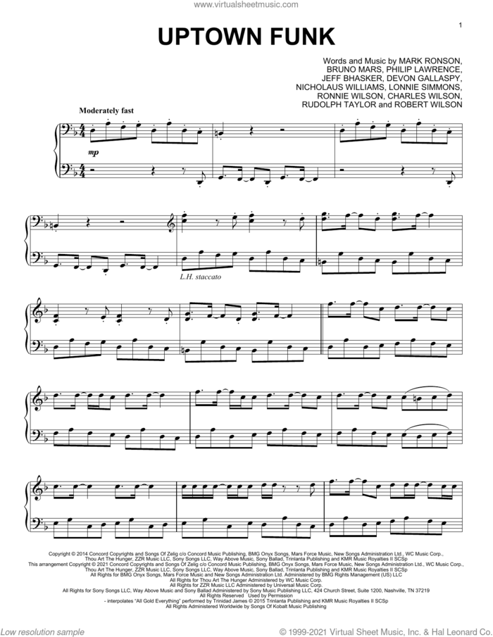 Uptown Funk (feat. Bruno Mars) [Classical version] sheet music for piano solo by Mark Ronson, Bruno Mars, Charles Wilson, Devon Gallaspy, Jeff Bhasker, Lonnie Simmons, Nicholaus Williams, Philip Lawrence, Robert Wilson, Ronnie Wilson and Rudolph Taylor, intermediate skill level