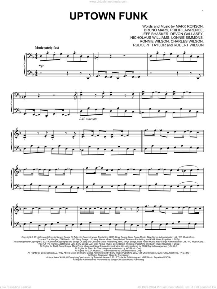 Uptown Funk (feat. Bruno Mars) [Classical version] sheet music for piano solo by Mark Ronson, Bruno Mars, Charles Wilson, Devon Gallaspy, Jeff Bhasker, Lonnie Simmons, Nicholaus Williams, Philip Lawrence, Robert Wilson, Ronnie Wilson and Rudolph Taylor, intermediate skill level