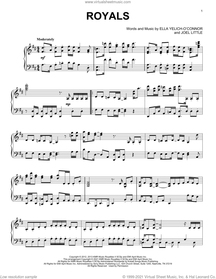 Royals [Classical version] sheet music for piano solo by Lorde and Joel Little, intermediate skill level