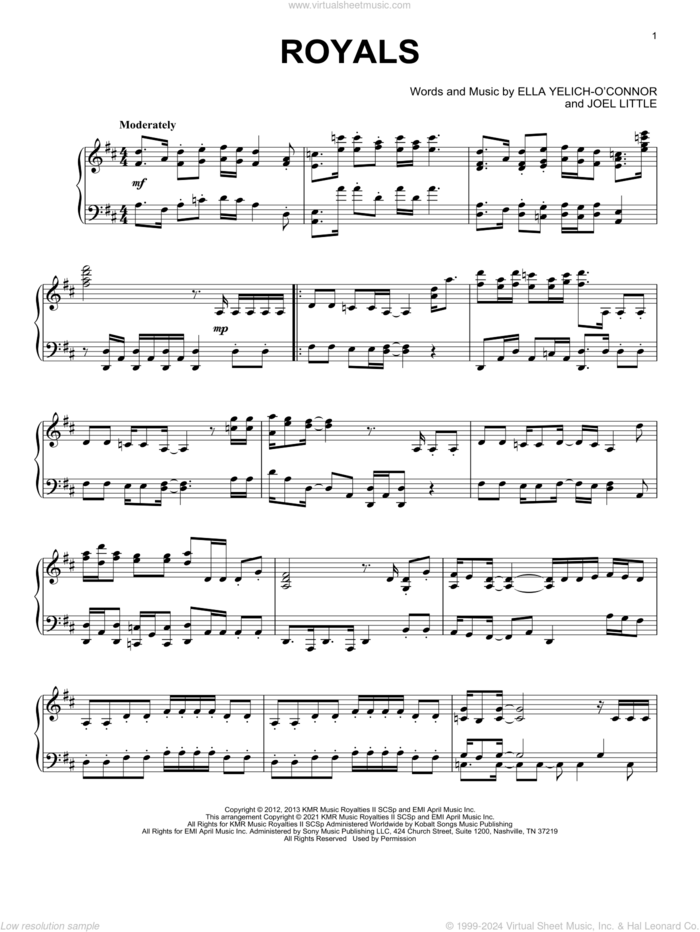 Royals [Classical version] sheet music for piano solo by Lorde and Joel Little, intermediate skill level