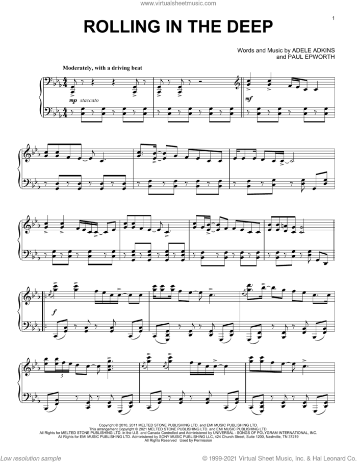 Rolling In The Deep [Classical version] sheet music for piano solo by Adele, Adele Adkins and Paul Epworth, intermediate skill level