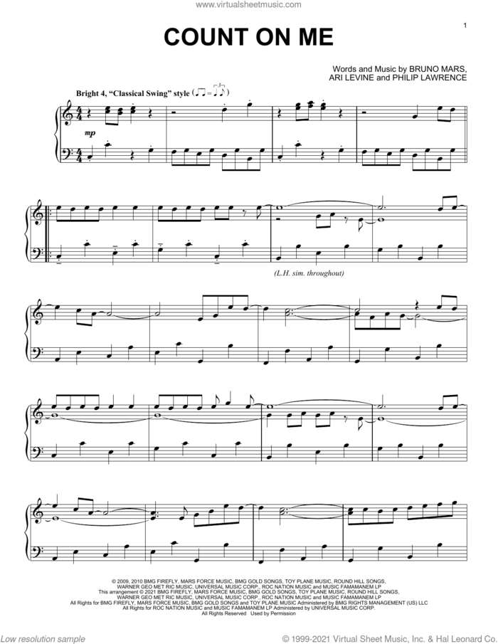 Count On Me [Classical version] sheet music for piano solo by Bruno Mars, Ari Levine and Philip Lawrence, intermediate skill level