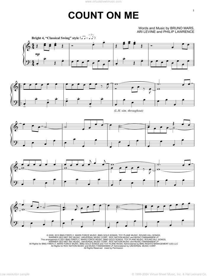 Count On Me [Classical version] sheet music for piano solo by Bruno Mars, Ari Levine and Philip Lawrence, intermediate skill level