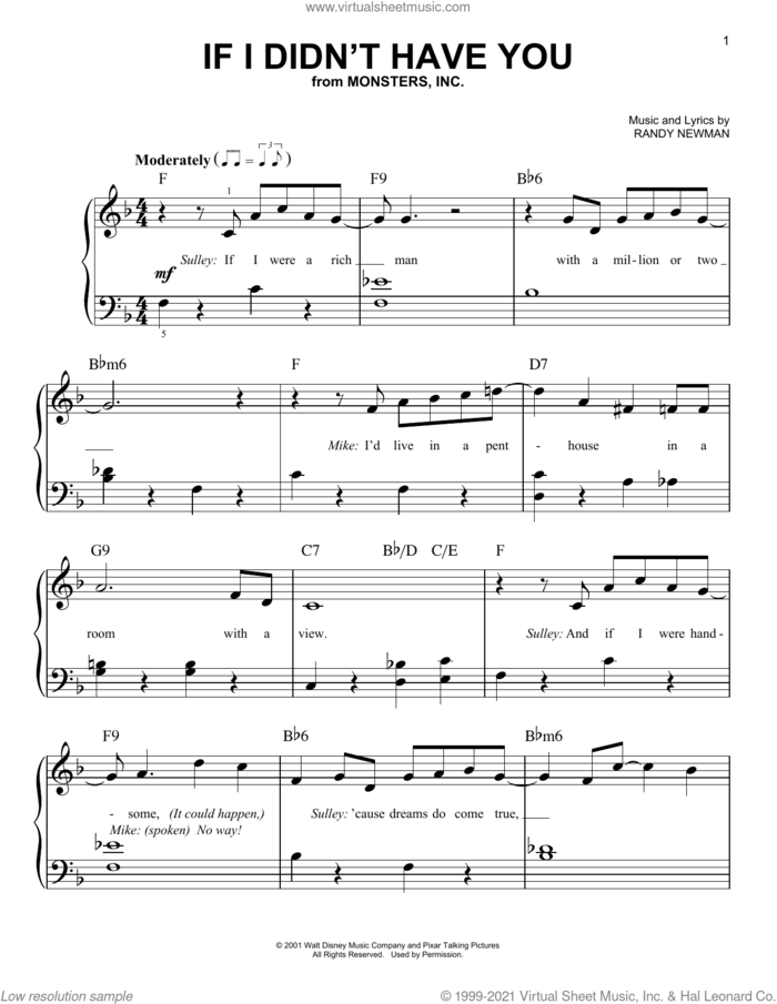 If I Didn't Have You (from Monsters, Inc.) sheet music for piano solo by Billy Crystal and John Goodman and Randy Newman, beginner skill level