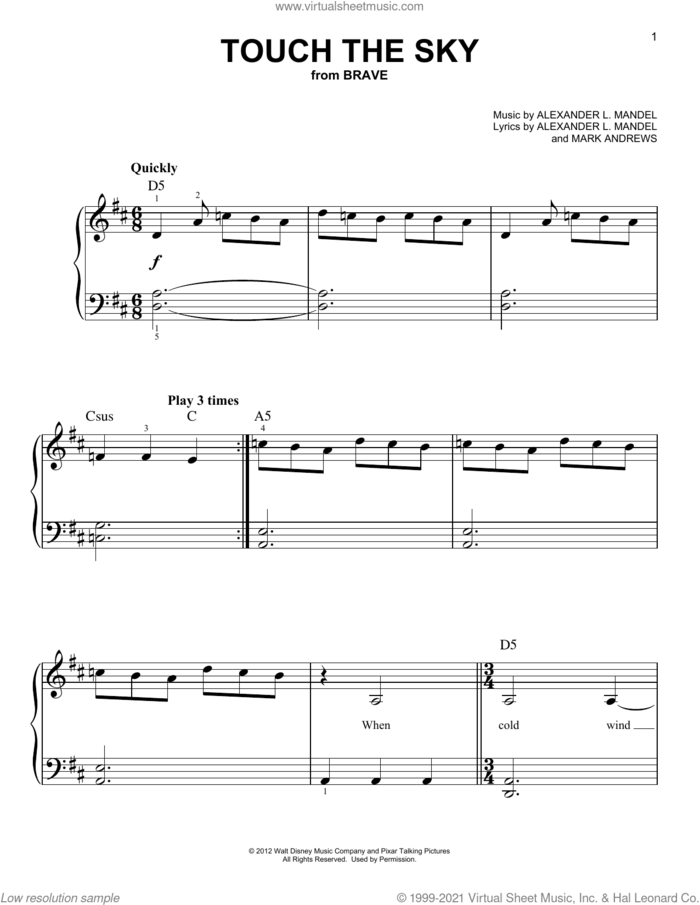 Touch The Sky (from Brave) sheet music for piano solo by Julie Fowlis, Alexander L. Mandel and Mark Andrews, beginner skill level