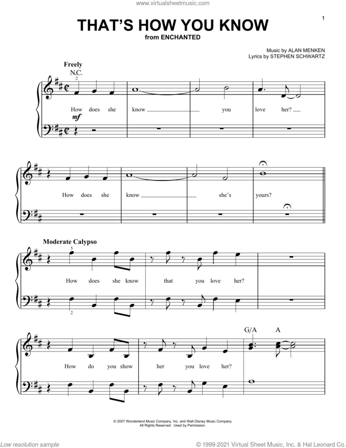 That's How You Know (from Enchanted) sheet music for piano solo by Amy Adams, Alan Menken and Stephen Schwartz, beginner skill level