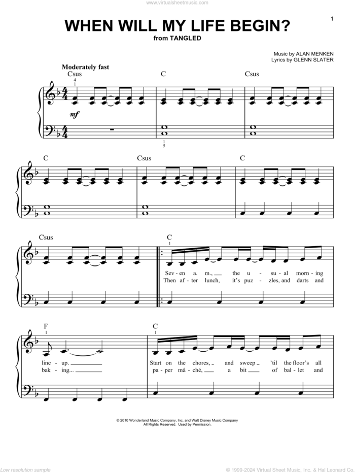 When Will My Life Begin? (from Tangled), (beginner) sheet music for piano solo by Mandy Moore, Alan Menken and Glenn Slater, beginner skill level