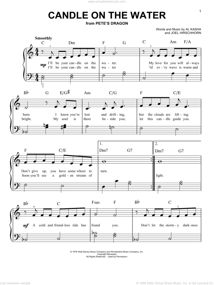 Candle On The Water (from Pete's Dragon) sheet music for piano solo by Helen Reddy, Al Kasha, Al Kasha & Joel Hirschhorn and Joel Hirschhorn, beginner skill level