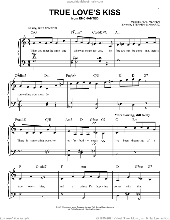 True Love's Kiss (from Enchanted) sheet music for piano solo by Amy Adams, Alan Menken and Stephen Schwartz, beginner skill level