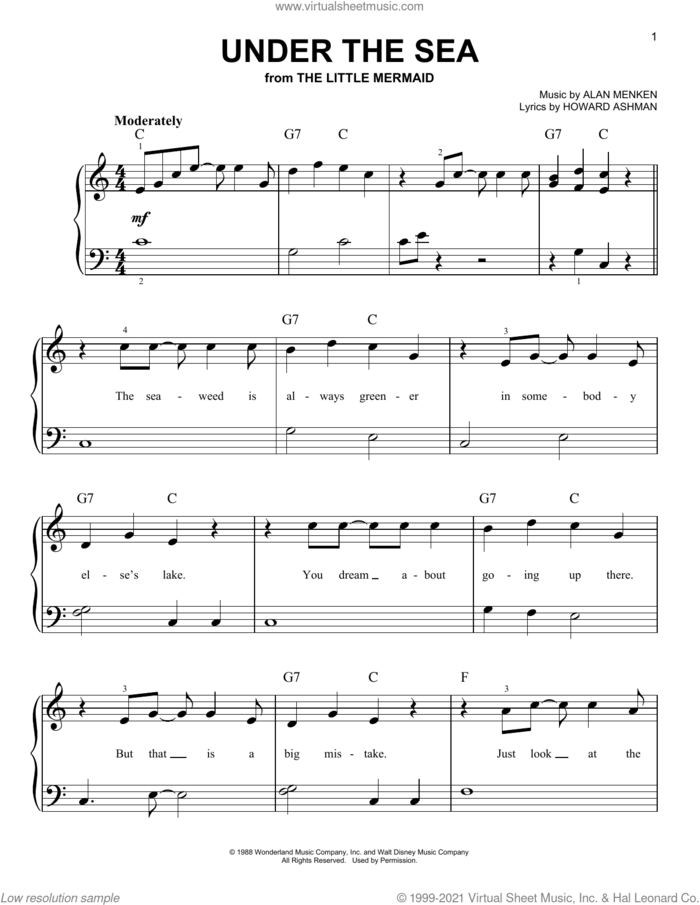 Under The Sea (from The Little Mermaid), (beginner) (from The Little Mermaid) sheet music for piano solo by Alan Menken and Howard Ashman, beginner skill level