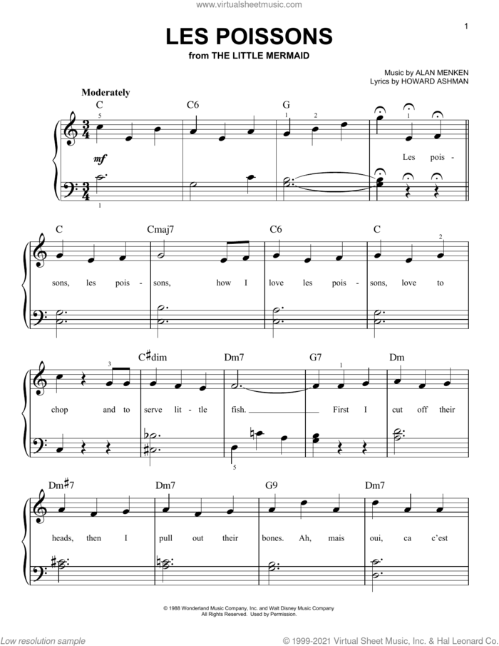 Les Poissons (from The Little Mermaid), (beginner) sheet music for piano solo by Alan Menken and Howard Ashman, beginner skill level
