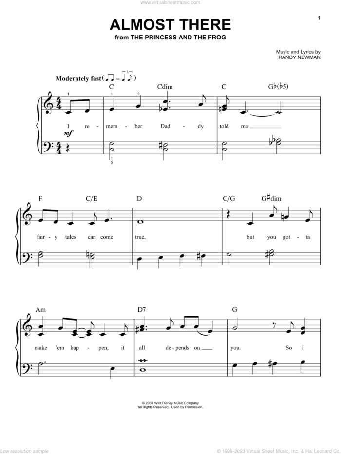 Almost There (from The Princess And The Frog) sheet music for piano solo by Anika Noni Rose and Randy Newman, beginner skill level