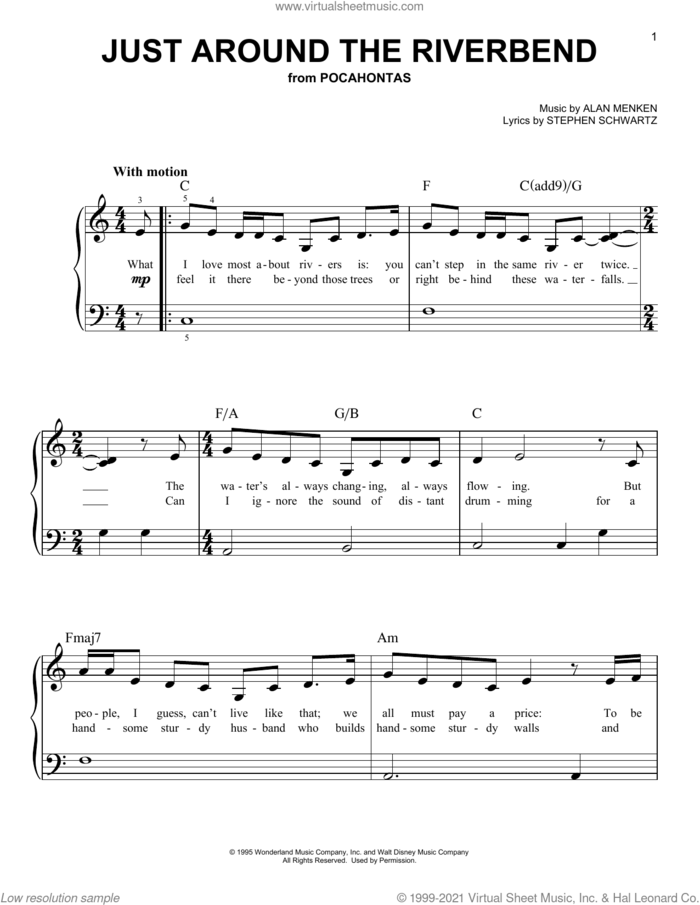 Just Around The Riverbend (from Pocahontas), (beginner) sheet music for piano solo by Alan Menken and Stephen Schwartz, beginner skill level