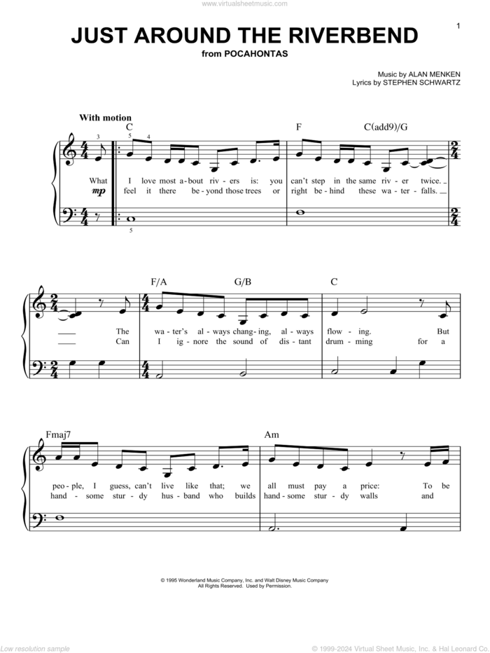 Just Around The Riverbend (from Pocahontas), (beginner) sheet music for piano solo by Alan Menken and Stephen Schwartz, beginner skill level