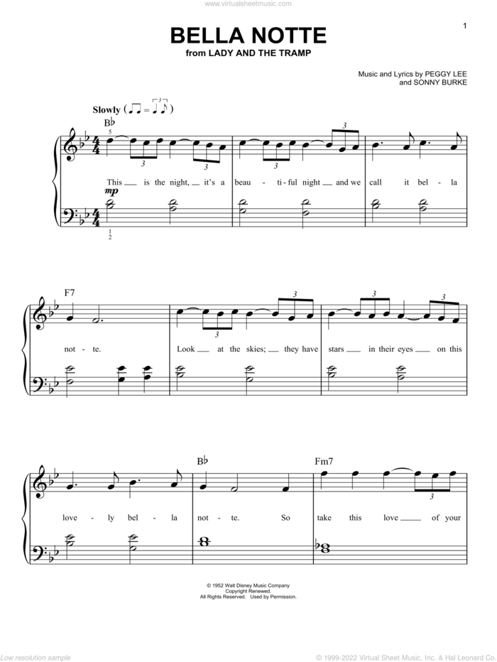 Bella Notte (This Is The Night) (from Lady And The Tramp), (beginner) sheet music for piano solo by Peggy Lee and Sonny Burke, beginner skill level