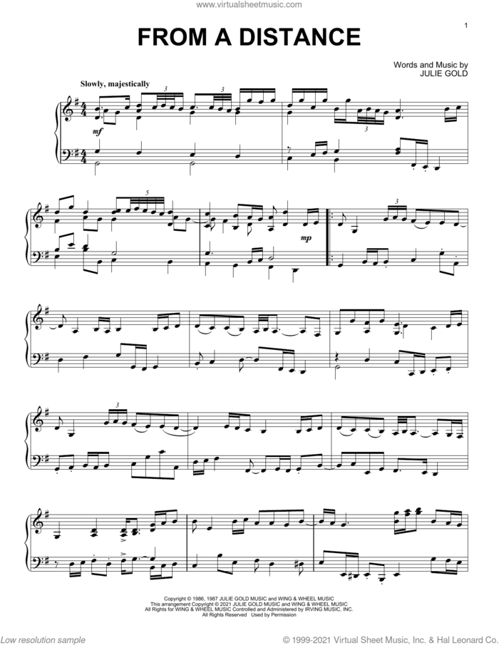 From A Distance [Classical version] sheet music for piano solo by Bette Midler and Julie Gold, intermediate skill level