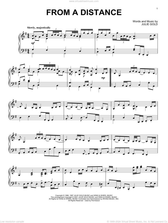 From A Distance [Classical version] sheet music for piano solo by Bette Midler and Julie Gold, intermediate skill level