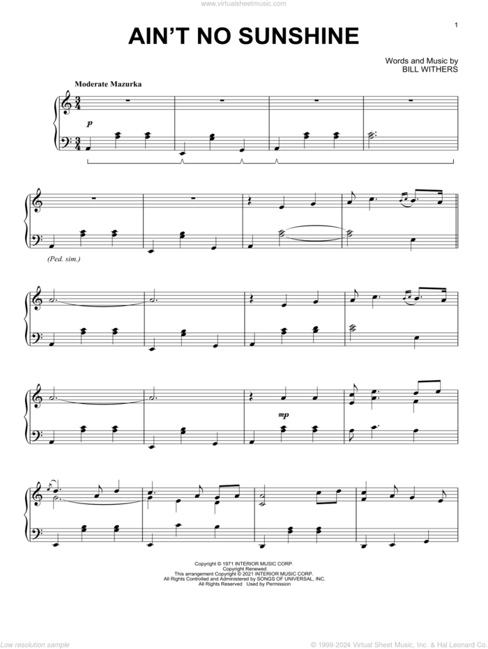 Ain't No Sunshine [Classical version] sheet music for piano solo by Bill Withers, intermediate skill level