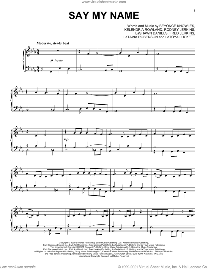 Say My Name [Classical version] sheet music for piano solo by Destiny's Child, Beyonce, Fred Jerkins, Kelendria Rowland, LaShawn Daniels, LaTavia Roberson, LeToya Luckett and Rodney Jerkins, intermediate skill level