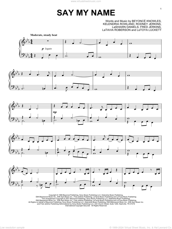 Say My Name [Classical version] sheet music for piano solo by Destiny's Child, Beyonce, Fred Jerkins, Kelendria Rowland, LaShawn Daniels, LaTavia Roberson, LeToya Luckett and Rodney Jerkins, intermediate skill level