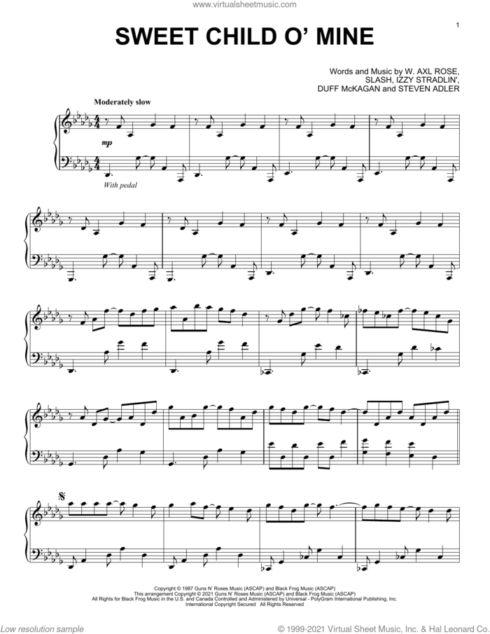 Sweet Child O' Mine [Classical version] sheet music for piano solo by Guns N' Roses, Axl Rose, Duff McKagan, Slash and Steven Adler, intermediate skill level