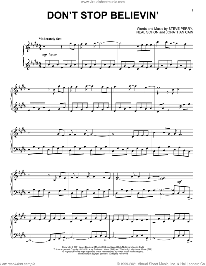 Don't Stop Believin' [Classical version] sheet music for piano solo by Journey, Jonathan Cain, Neal Schon and Steve Perry, intermediate skill level