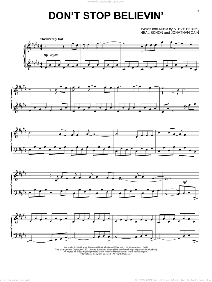 Don't Stop Believin' [Classical version] sheet music for piano solo by Journey, Jonathan Cain, Neal Schon and Steve Perry, intermediate skill level