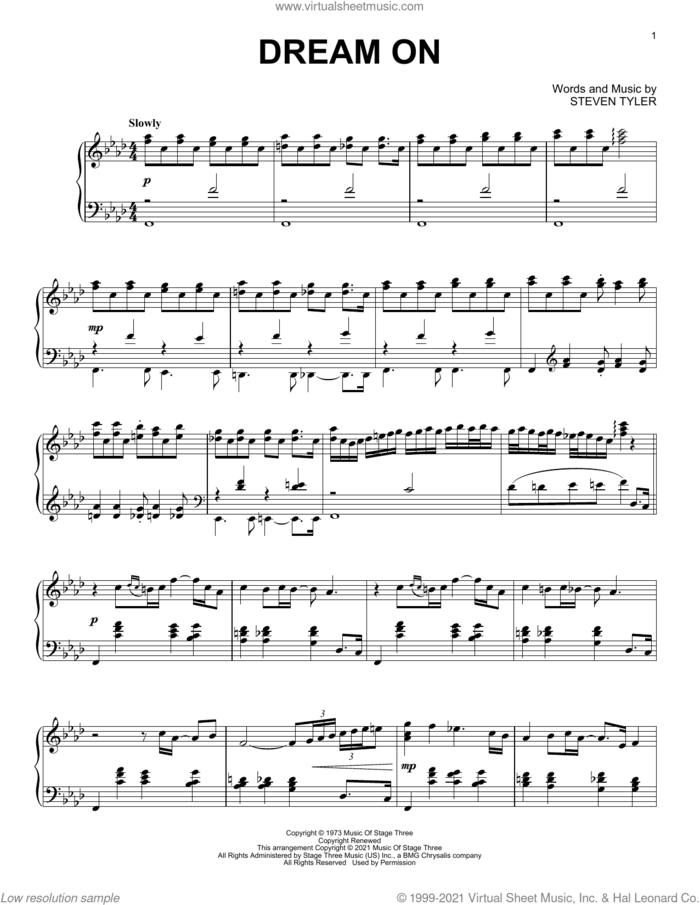 Dream On [Classical version] sheet music for piano solo by Aerosmith and Steven Tyler, intermediate skill level