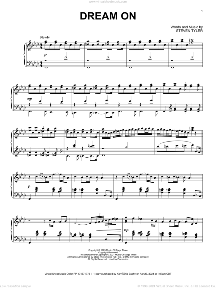 Dream On [Classical version] sheet music for piano solo by Aerosmith and Steven Tyler, intermediate skill level