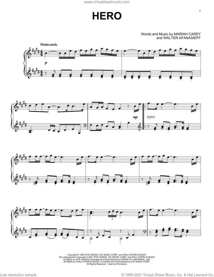 Hero [Classical version] sheet music for piano solo by Mariah Carey and Walter Afanasieff, intermediate skill level
