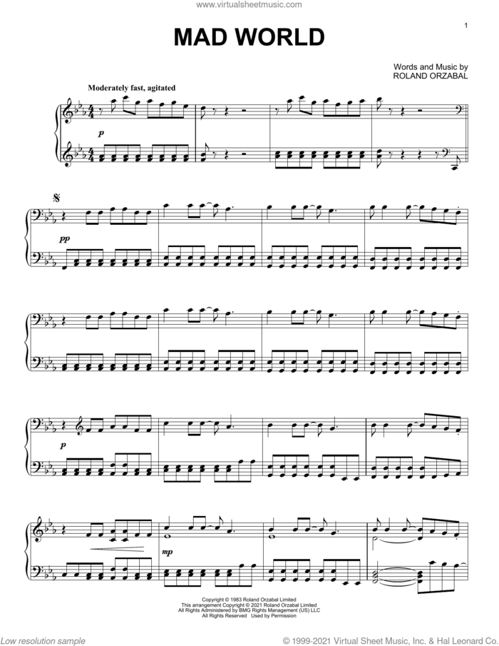 Mad World [Classical version] sheet music for piano solo by Michael Andrews & Gary Jules, Tears For Fears and Roland Orzabal, intermediate skill level