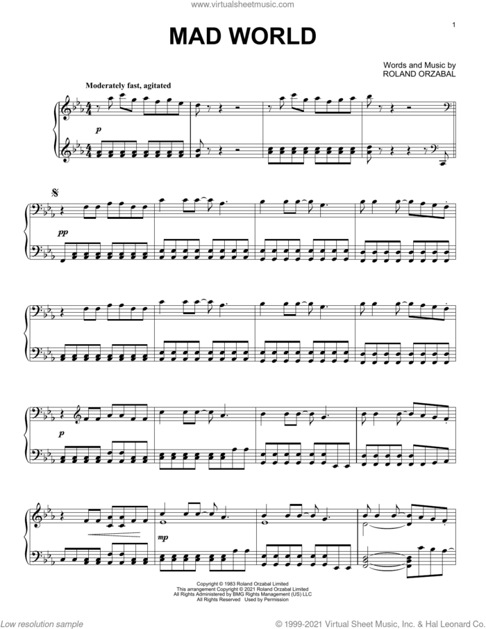 Mad World, (easy) sheet music for piano solo (PDF-interactive)