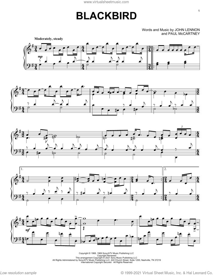 Blackbird [Classical version] sheet music for piano solo by The Beatles, John Lennon and Paul McCartney, intermediate skill level