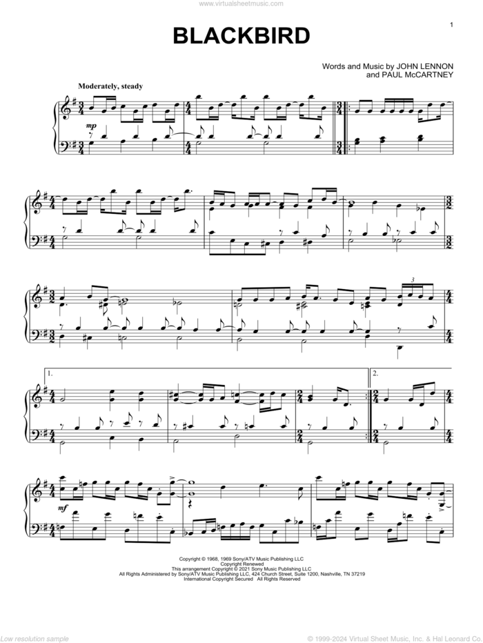 Blackbird [Classical version] sheet music for piano solo by The Beatles, John Lennon and Paul McCartney, intermediate skill level