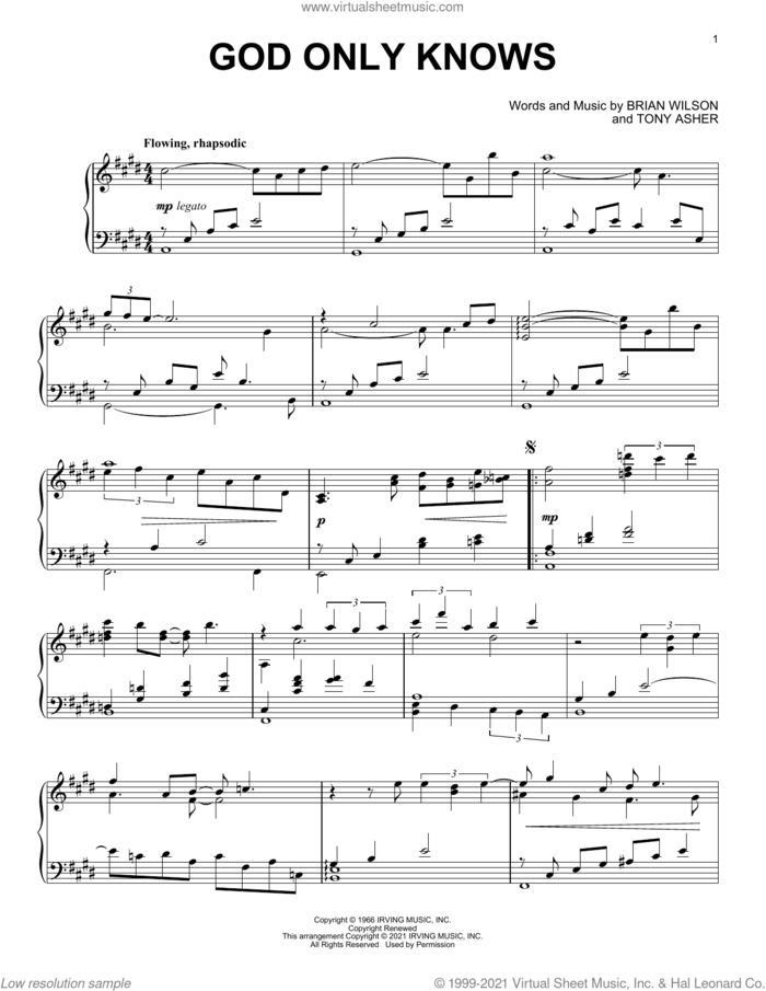 God Only Knows [Classical version] sheet music for piano solo by The Beach Boys, Brian Wilson and Tony Asher, intermediate skill level