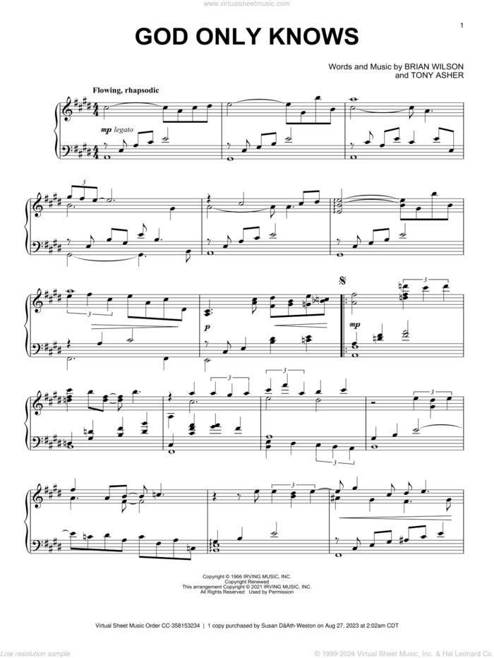 God Only Knows [Classical version] sheet music for piano solo by The Beach Boys, Brian Wilson and Tony Asher, intermediate skill level