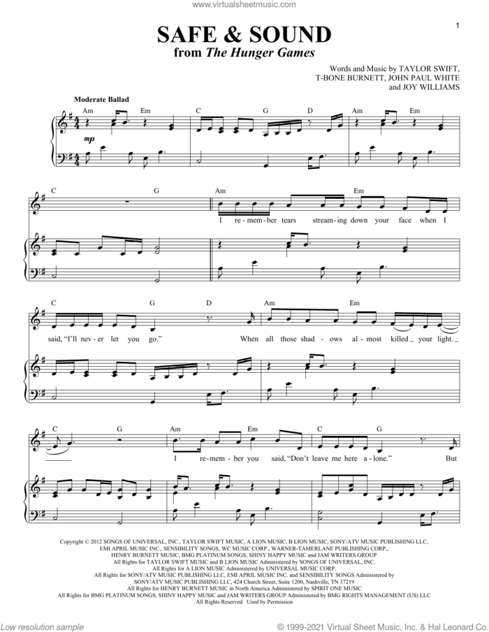 Safe and Sound (feat. The Civil Wars) (from The Hunger Games) sheet music for voice and piano by Taylor Swift, John Paul White, Joy Williams and T-Bone Burnett, intermediate skill level