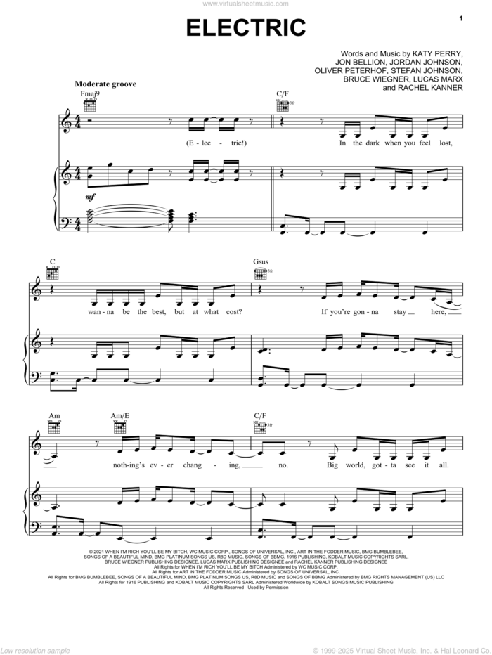 Electric sheet music for voice, piano or guitar by Katy Perry, Bruce Wiegner, Jon Bellion, Jordan Johnson, Lucas Marx, Oliver Peterhof, Rachel Kanner and Stefan Johnson, intermediate skill level